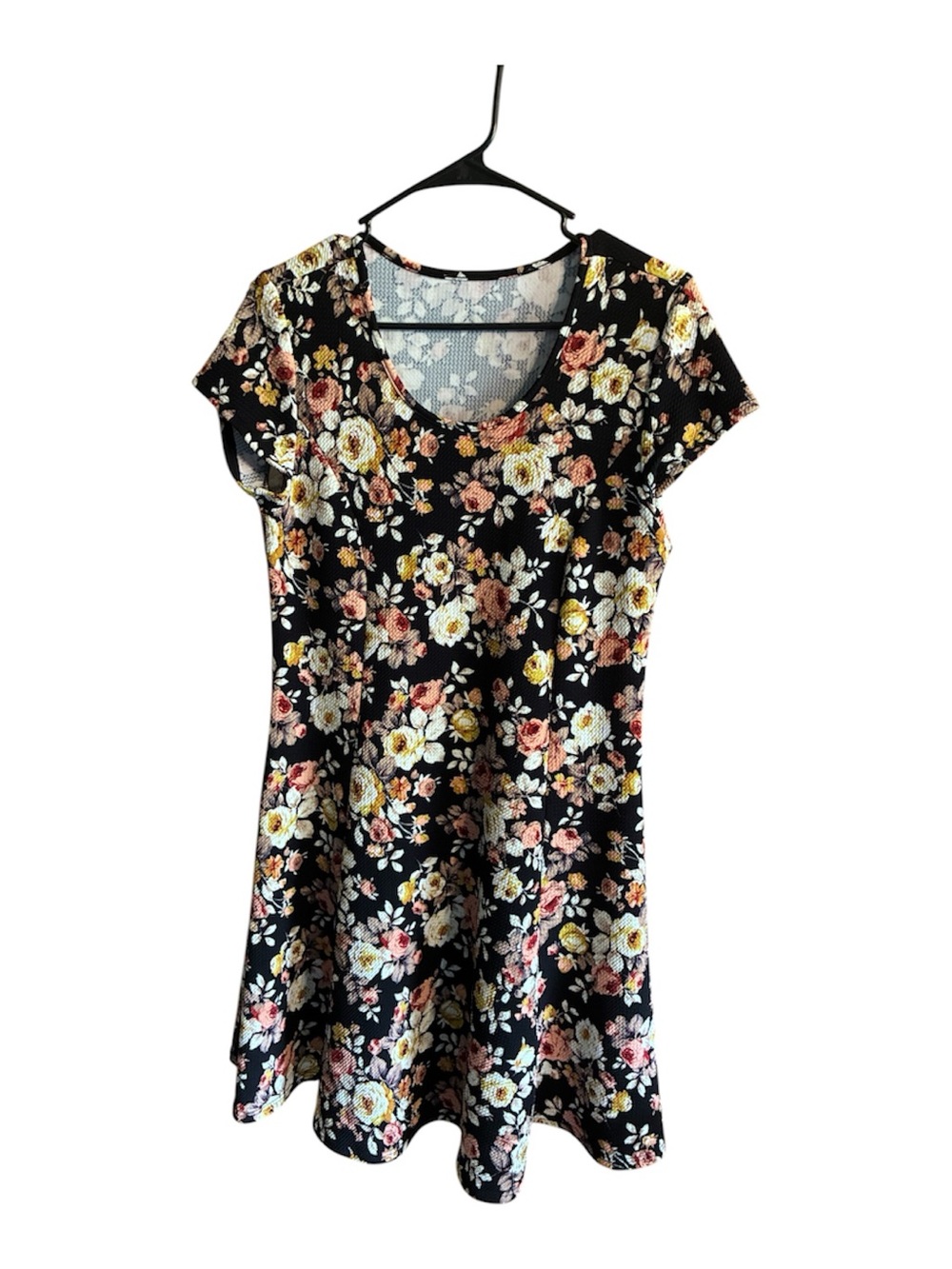Black Floral Short Sleeve Swing Dress